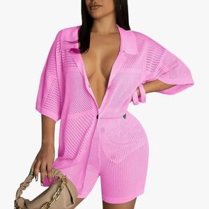 Kansoon Vibrant Two Piece Pink Mesh Button-Up Short Set
